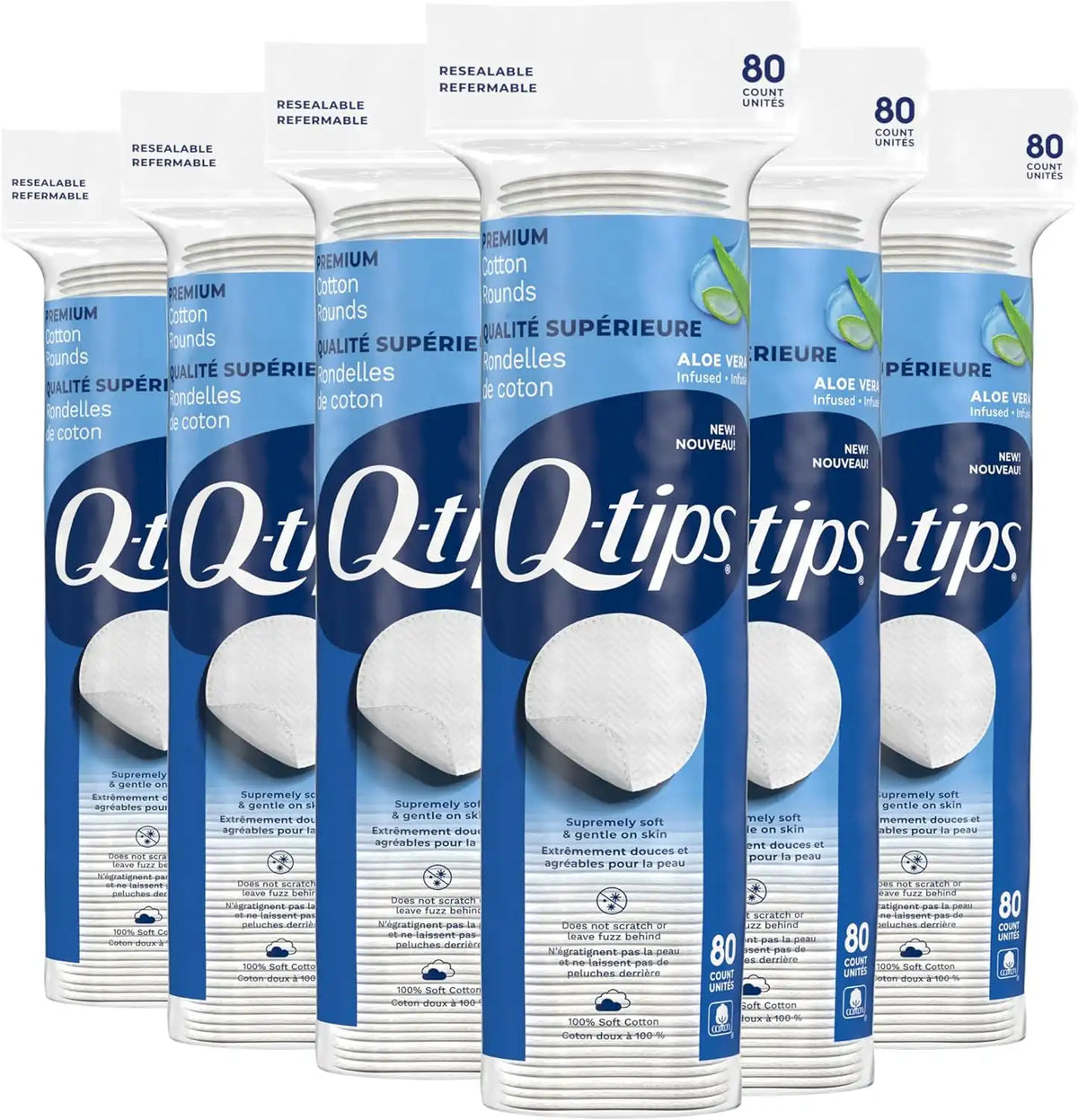 Q-Tips Premium Cotton Rounds for Face, 100% Cotton, Soft Lint Free Makeup Remover Pads, Cleansing Face Pads for Toner, Nail Polish Remover, Skin Care and Beauty Use, 80 Count Per Pack, 6 Pack