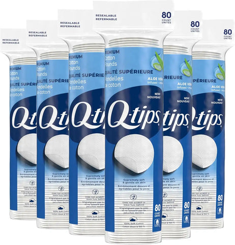 Q-Tips Premium Cotton Rounds for Face, 100% Cotton, Soft Lint Free Makeup Remover Pads, Cleansing Face Pads for Toner, Nail Polish Remover, Skin Care and Beauty Use, 80 Count Per Pack, 6 Pack