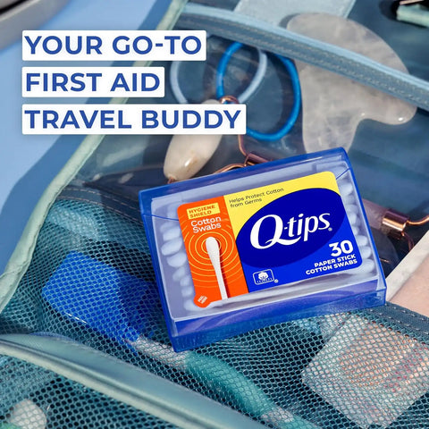 Q-tips Cotton Swabs, Hygiene Shield Travel Size Toiletries, for First Aid, Beauty and Baby, 100% Cotton, 30 Count (Pack of 2)